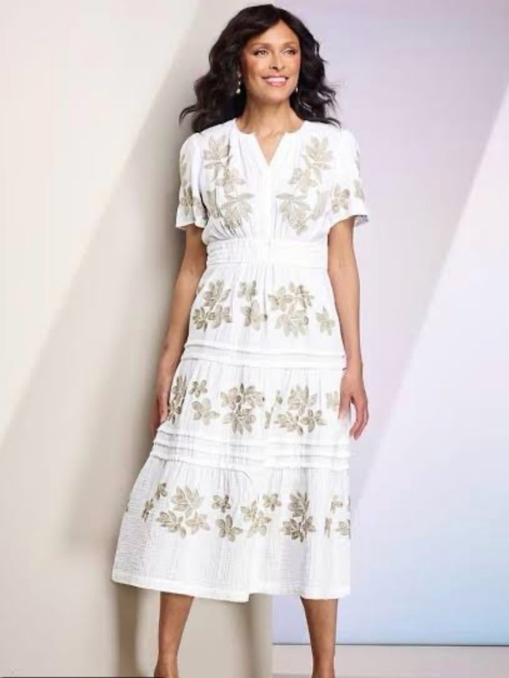white gauze tiered midi dress by the classic womenswear brand Draper's & Damon's